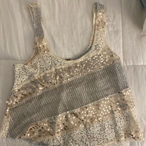 Free People Cream and Silver Sequin Tank Top